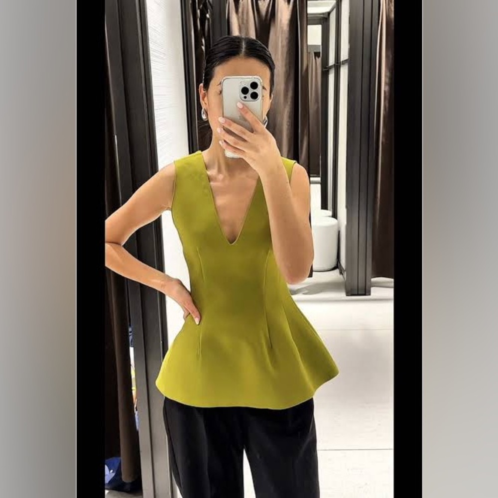 Zara Green Plunging Peplum Sleeveless Top